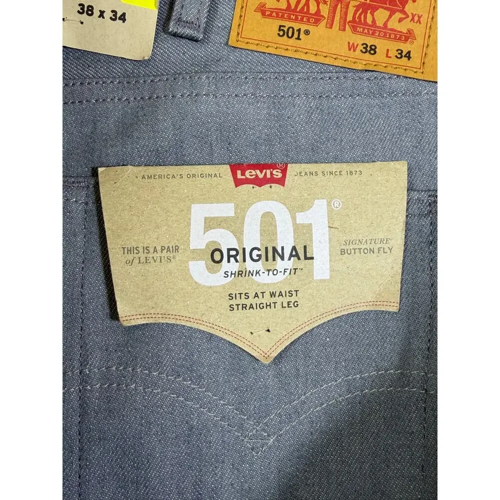 NWT Levis 501 Men 38x34 Gray Button Fly Denim Jean Preppy 5 Pocket Straight Leg